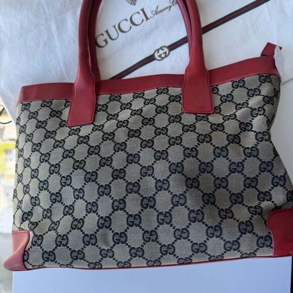 GUCCI Tote Bag GG Pattern Canvas Leather Beige Red Authentic - Picture 3 of 11